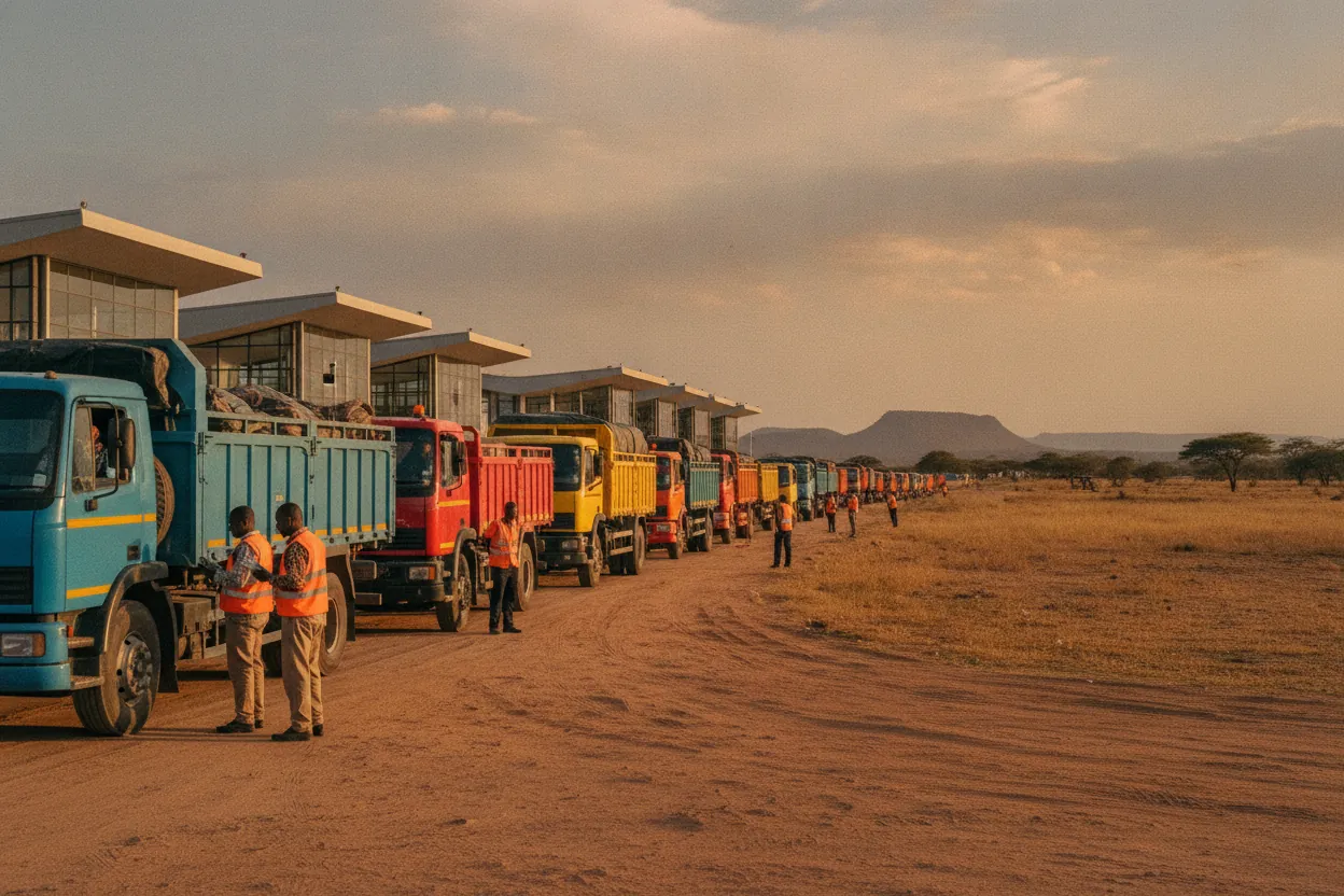 Cargo trucks queuing at a modern East African border crossing