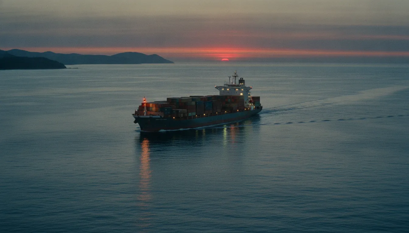 A container ship crossing open ocean at dusk