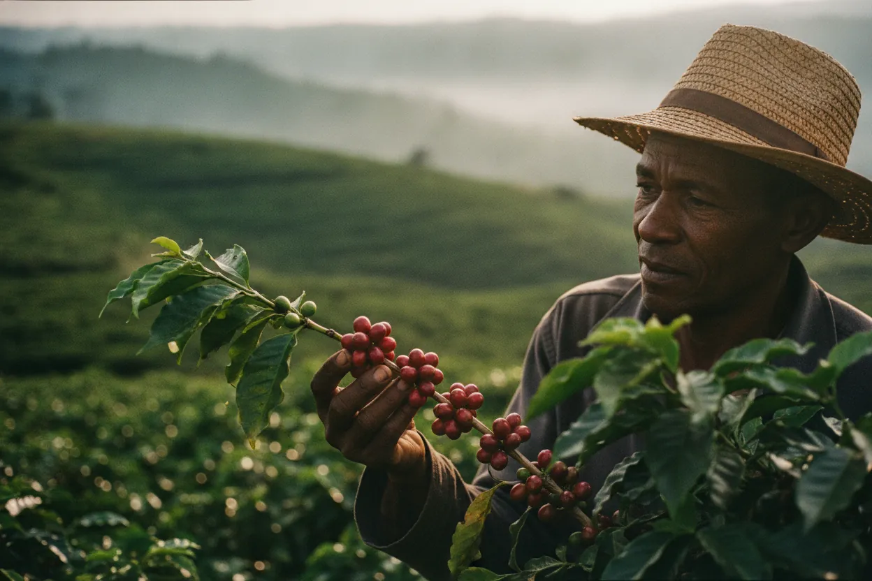 A farmer inspecting ripe coffee cherries