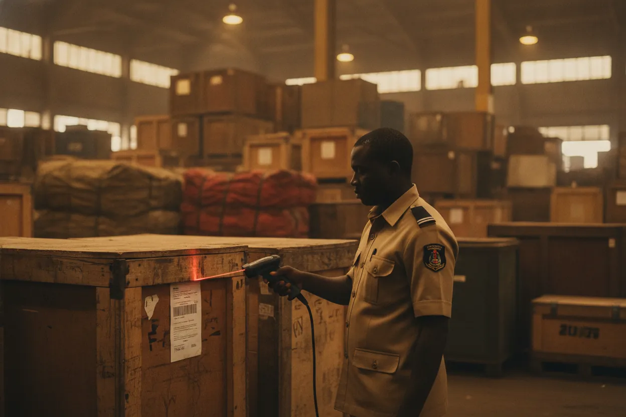 A customs officer scanning an export crate in a port shed