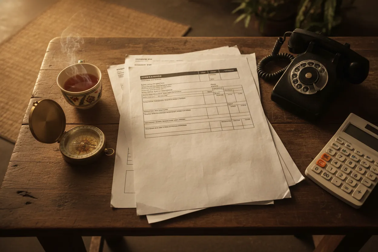 A desk with shipping documents, a calculator, and a compass