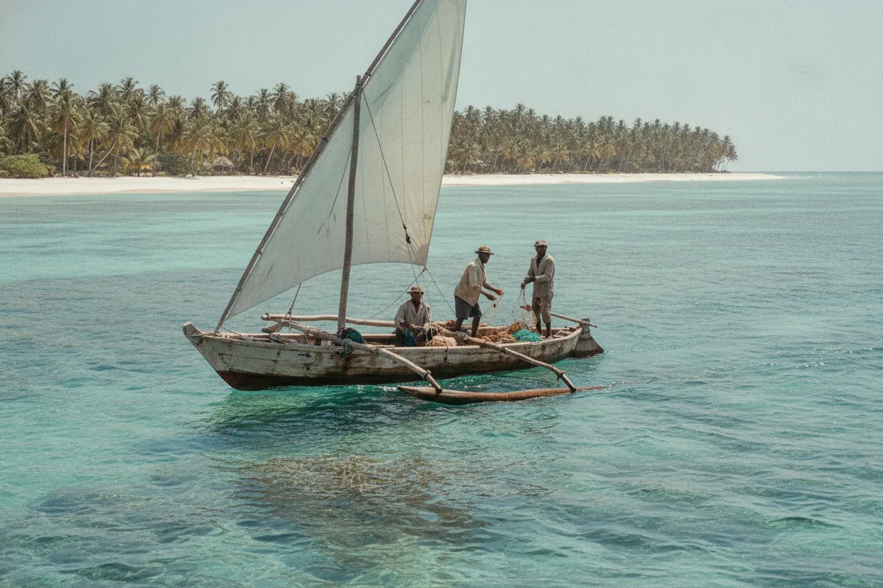 A traditional dhow sailing a reef coastline