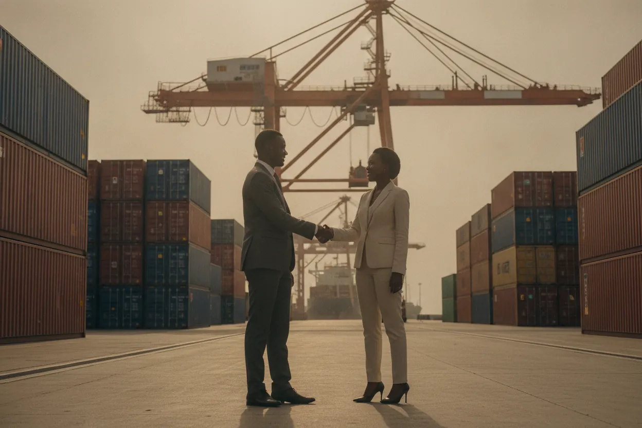 Two business people meeting on a port quay