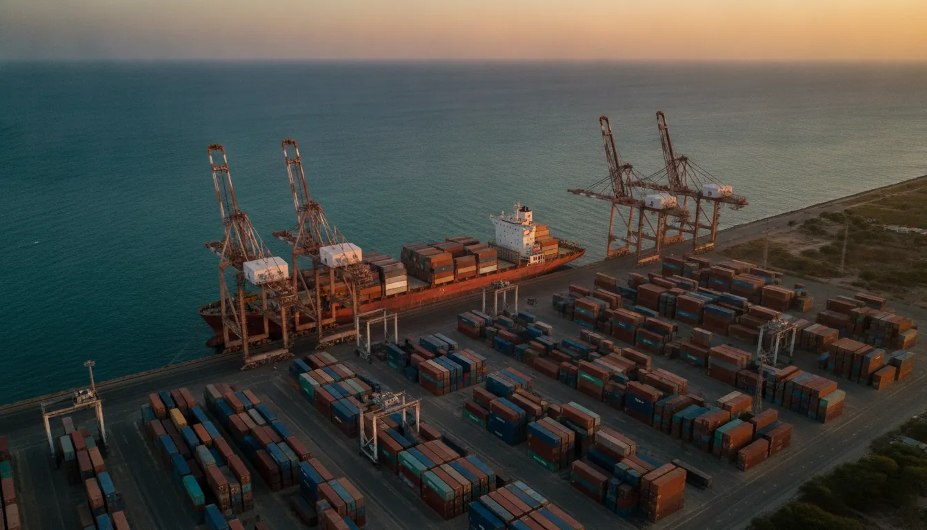 Aerial view of an East African container port at golden hour