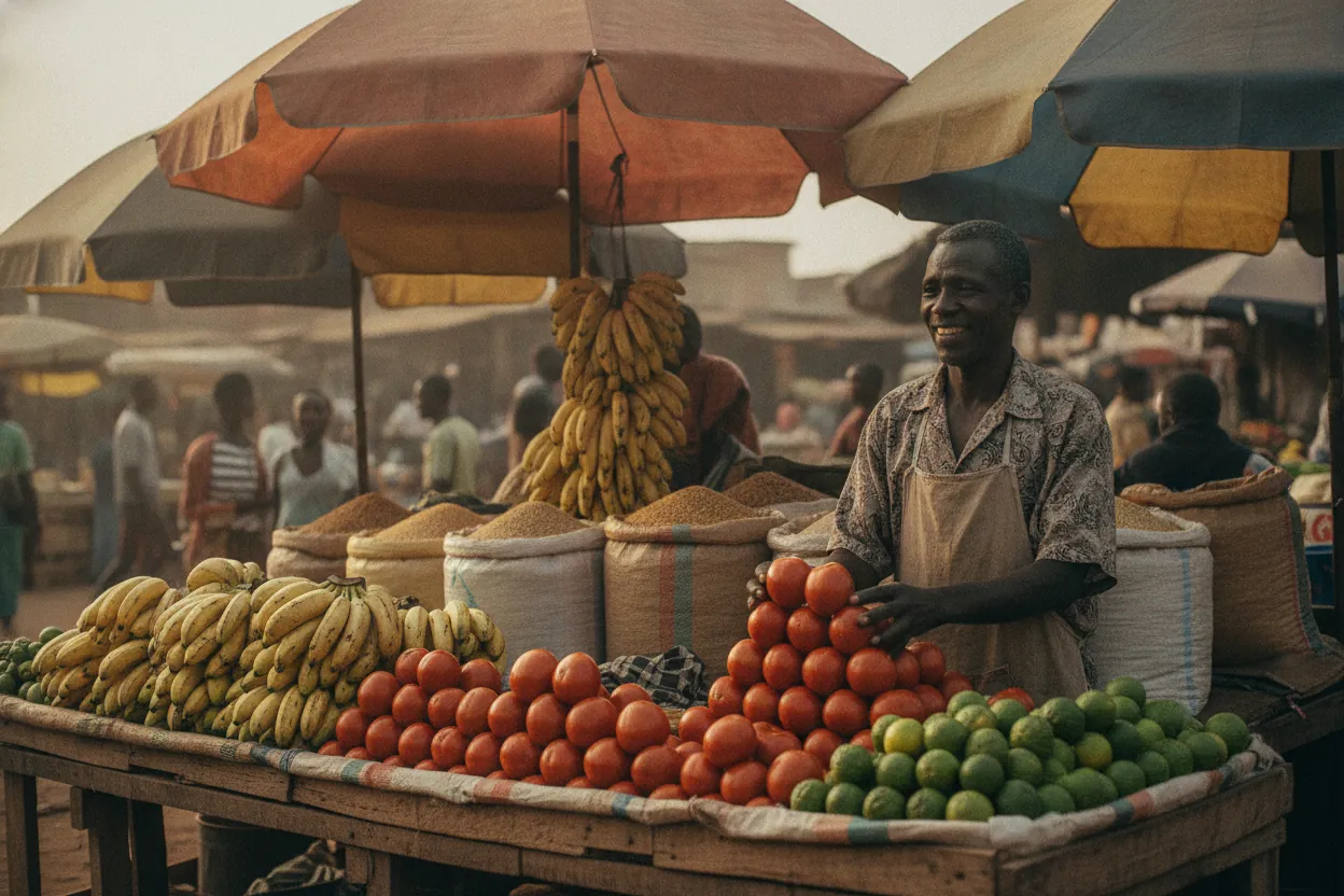 A produce vendor arranging a vibrant market stall