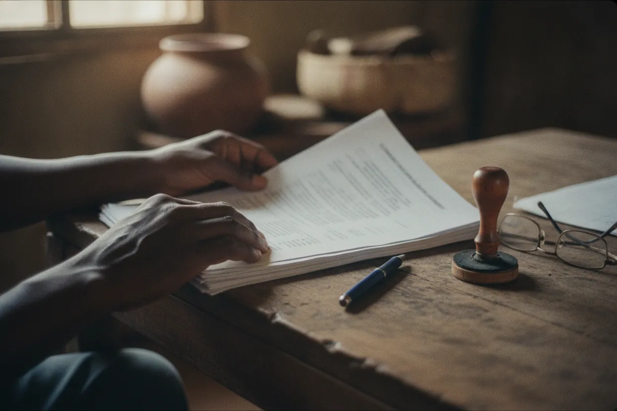Hands reviewing a printed tender document at a table