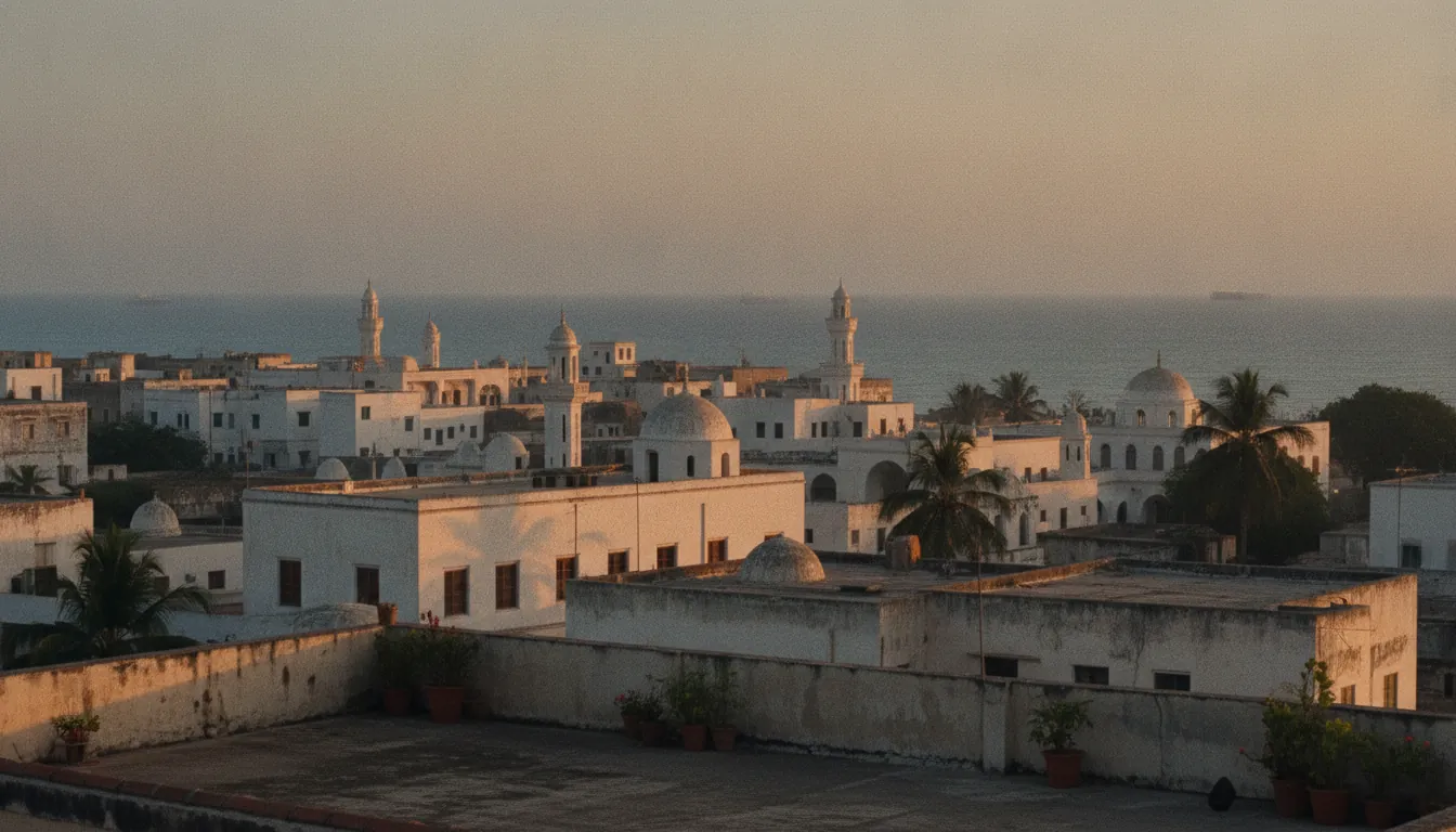 A coastal East African capital skyline at dawn