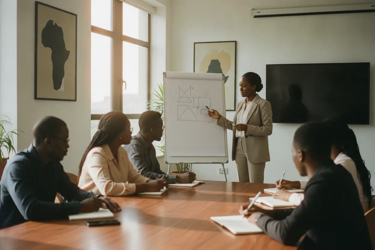 A facilitator leading a workshop for professionals