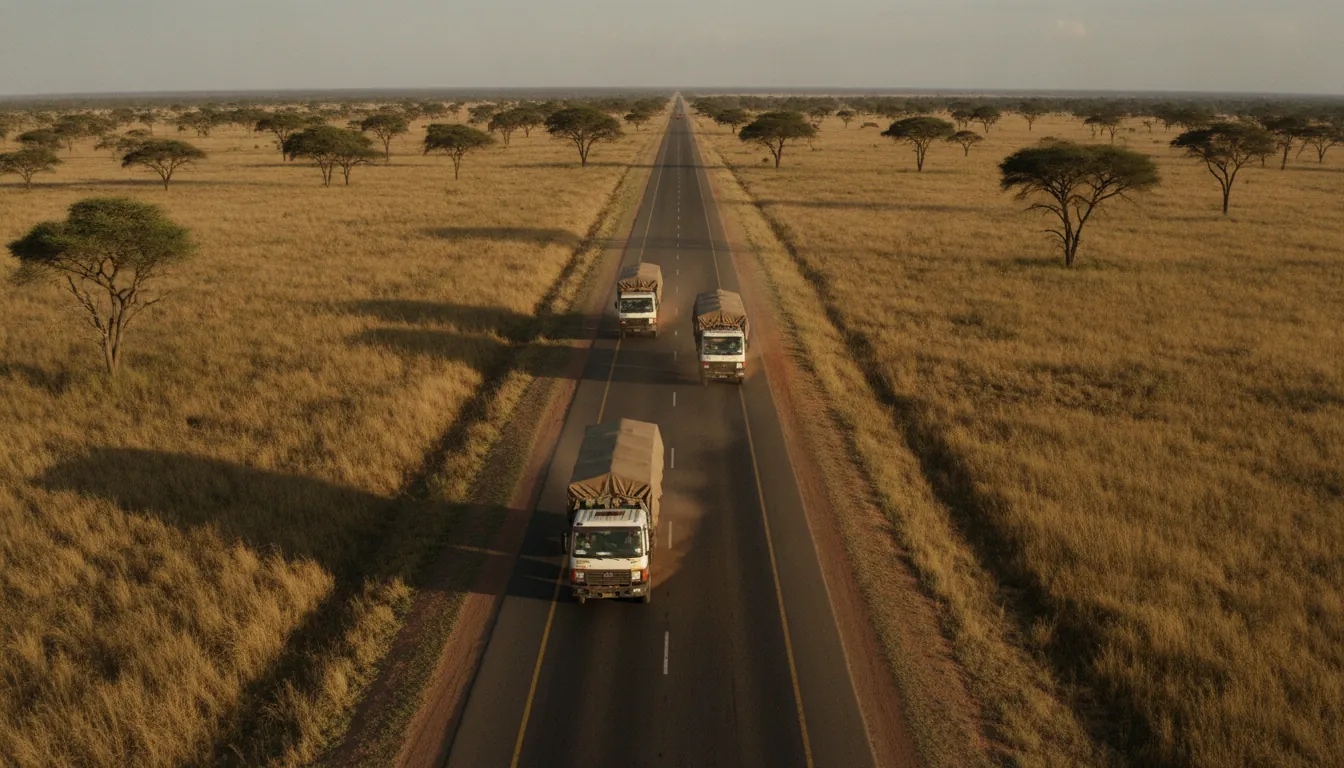 Cargo trucks in convoy on a highway across golden savanna