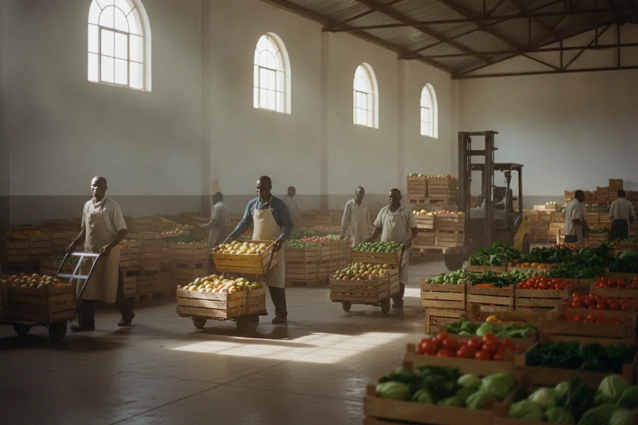 Workers moving crates in a produce warehouse